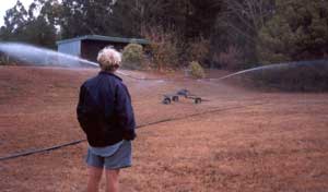 Stephen, the saviour of sweeping lawns supervises the irrigation of the frisbee lawn. Stephen, the saviour of sweeping lawns supervises the irrigation of the frisbee lawn.